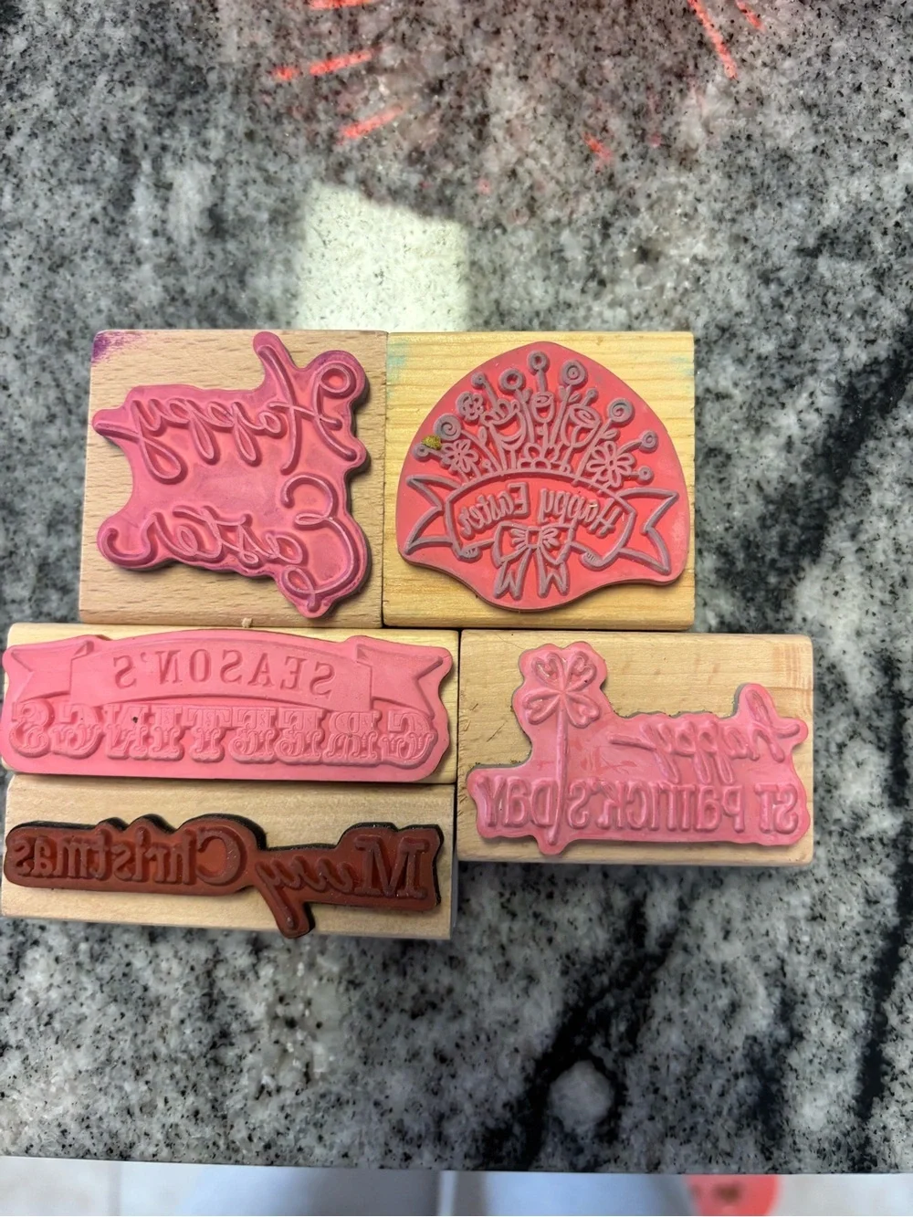 Seasonal Holiday Wood Stamp Set - Natural Wood with Green & Red Accents - Picture 3 of 8